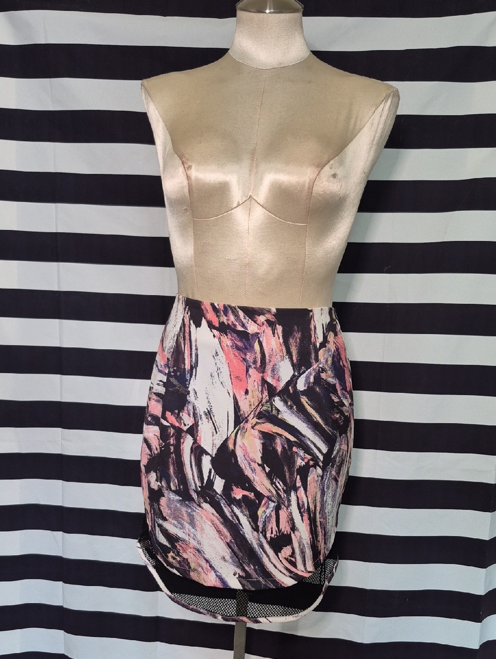 High Front Low Back Abstract Print Pink and Black Pencil Skirt